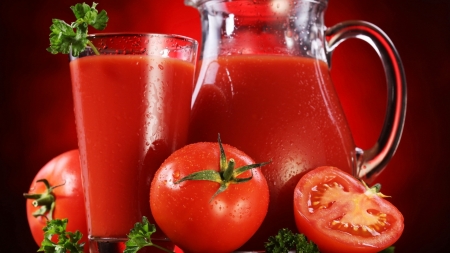 Tomato Juice - juicy, jug, glass, tomatoes