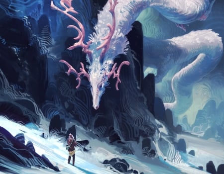 Spirit of the mountain - thomas chamberlain keen, winter, pink, iarna, spirit, blue, art, white, fantasy, dragon, mountain, luminos, horns