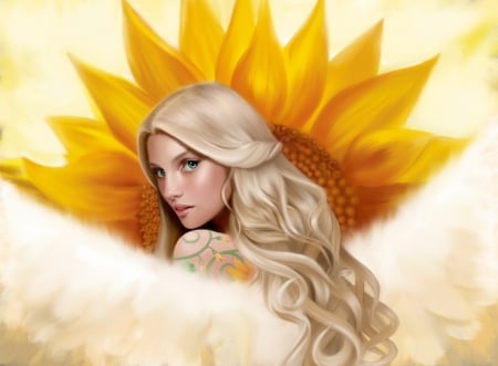 Angel - yellow, girl, blonde, feather, angel, frumusete, fantasy, sunflower, wings, inger, luminos