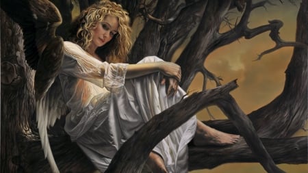 Angel - girl, art, wings, fantasy, pictura, tree, branch, luminos, painting, inger, angel