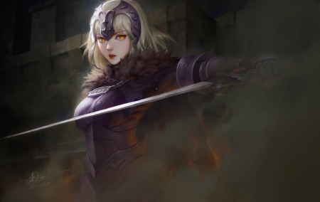 Jeanne D'Arc - frumusete, fantasy, purple, jeanne darc, sword, dao le trong, art, luminos