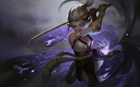 Murasaki - dao le trong, art, girl, luminos, sword, fantasy, murasaki