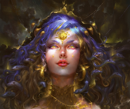 Medusa - yellow, snake, blue, girl, nhi tophung, frumusete, medusa, fantasy, face, art, luminos