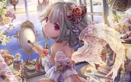 Angel - wings, white, mirror, pink, anime, girl, manga, angel