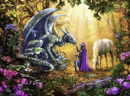 Forest rendezvous - forest, flower, pink, man, horse, knight, fantasy, dragon, unicorn, art, luminos