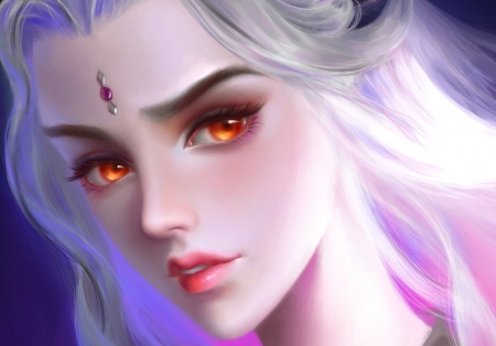 Demoness - fu sang, girl, pink, red eyes, frumusete, fantasy, purple, face, luminos, demon