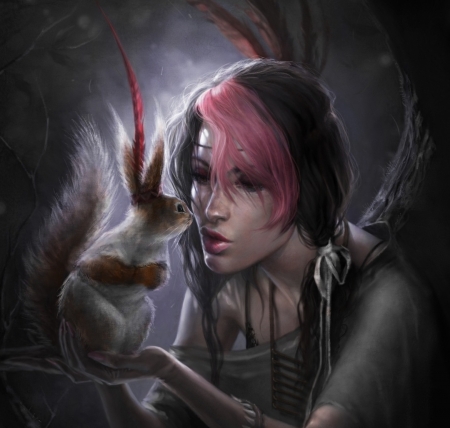 Going native - veverita, squirrel, girl, black, fantasy, art, allie, pink, hand, luminos, feather, animal, going native, josh burns