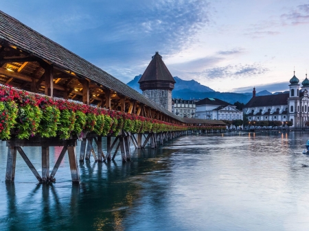 Lucerne, Switzerland - sky, lake, clouds, alps, mountains, bridge