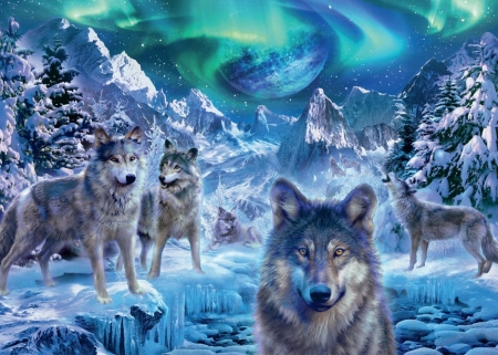 Wolves - aurora, lup, fantasy, winter, blue, wolf, iarna, luminos