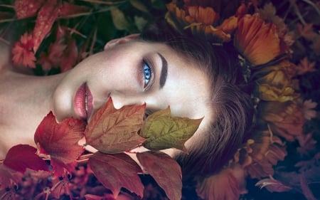 Beauty - monica angel, woman, autumn, model, girl, eye, face, leaf