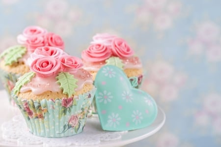 Happy Valentine's Day! - cupcake, heart, valentine, rose, pink, blue, dessert, food, sweet