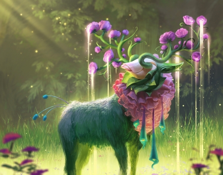 Soothing seedstag - giselle almeida, fantasy, spring, horns, soothing seedstag, art, pink, creature, luminos, green, flower