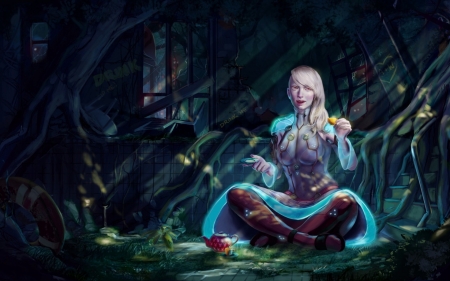 Alice enjoying some tea - alice, art, girl, luminos, blue, tea, fantasy, blonde