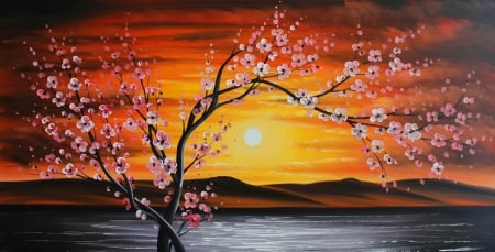 Spring - osnat tzadok, sunset, spring, painting, art, luminos, pink, orange, pictura, tree, sunrise, flower