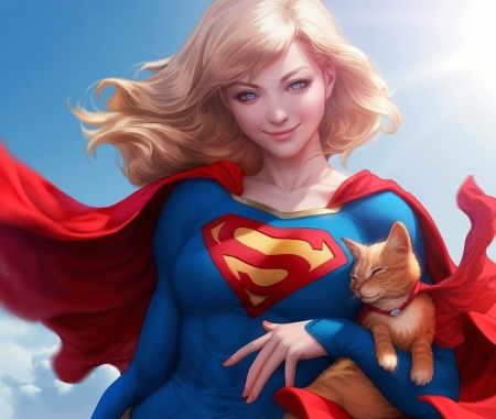 Supergirl - cat, frumusete, pisica, fantasy, yellow, luminos, red, blue, stanley artgerm lau, supergirl, blonde