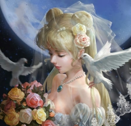 Serenity - bird, anime, dove, blonde, sailor moon, pasare, art, luminos, luna, moon, bride, flower, frumusete, manga, fantasy, white, wings, serenity