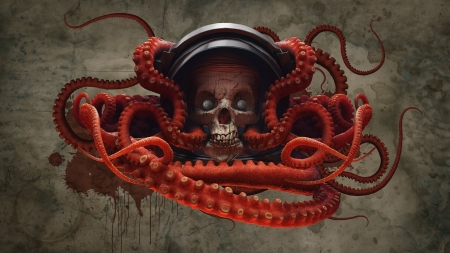 Skull and tentacles - red, fantasy, death, luminos, tentacles, skull