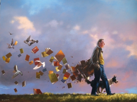 Just a walk - jimmy lawlor, stuff, painting, art, cloud, luminos, man, dog, pictura, border collie