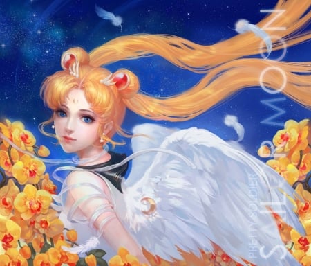 Sailor Moon - flower, yellow, yinse qi ji, anime, serenity, girl, frumusete, blue, manga, wings, white, fantasy, sailor mopon, orchid, angel