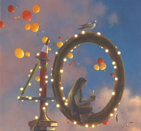 Birthday - painting, jimmy lawlor, balloons, candle, girl, pictura, birthday, lights