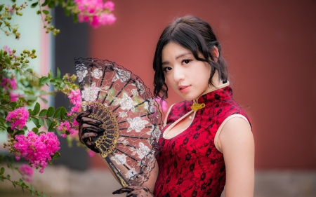 Beauty - woman, hand fan, fan, girl, red, asian, model