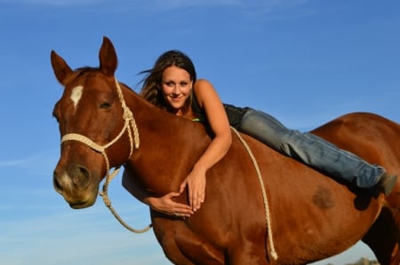 Loves Her Horse - cowgirl, heart, rope, brunette, horse, sky