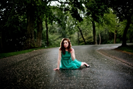 on the road again - brunette, tree, girl, road