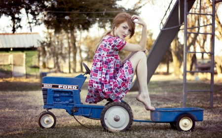 need a lift - tractor, playground, girl, trailer