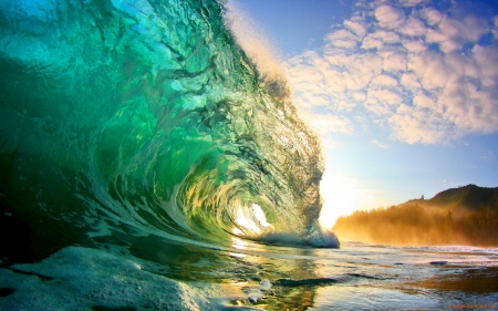 Crystal Clear Wave - clouds, nature, waves, sunrise, ocean