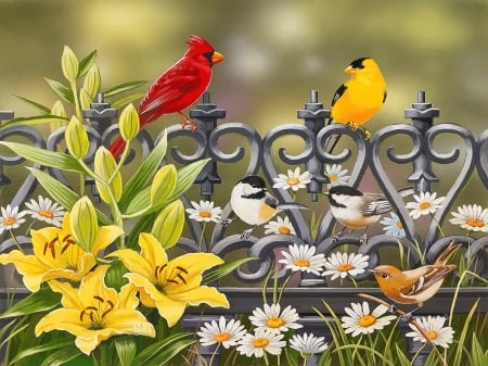 Iron fence with lilies - lilies, fence, colorful, iron, lovely, cardinals, art, pretty, beautiful, flowers, birds