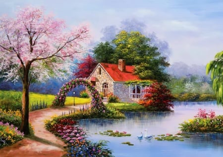 Tha house at the lake - cottage, lake, peaceful, blooms, spring, art, pretty, beautiful, house, bridge