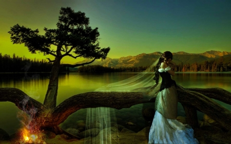 Girl and Landscape - woman, female, girl, fantasy, nature, art, pretty, beautiful, green, digital