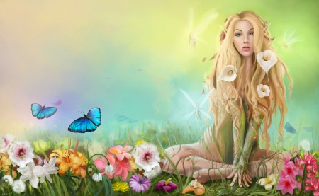 Bringer of Spring - digital, pretty, pixie, beautiful, flowers, spring, blonde, girl, art, fantasy, female, woman