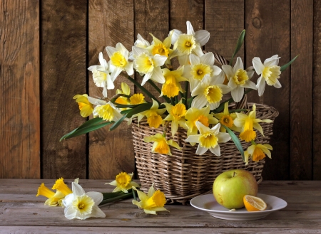 Daffodils and apple - elegance, daffodils, basket, still life, vase, spring, flowers, apple, harmony