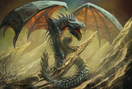 Dragon - yellow, art, wings, drakon, fantasy, orange, dragon, luminos, green