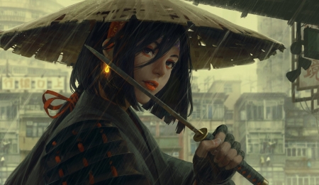 Just another rainy day - hat, girl, fantasy, umbrella, rain, ploaie, guweiz, art, asian, luminos