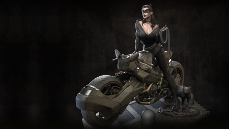 Catwoman - motorcycle, comics, catwoman, girl, black, marthin agusta, fantasy, pisica, luminos