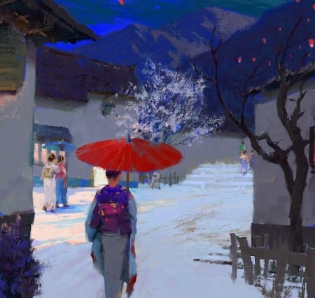 Evening walk - winter, geisha, blue, kimono, street, fantasy, umbrella, parasol, red, iarna, art, asian, luminos, muyang xu