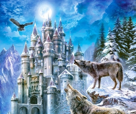 Moonlight - moon, iarna, lup, winter, fantasy, wolf, white, castle, blue, luminos, castorland, luna