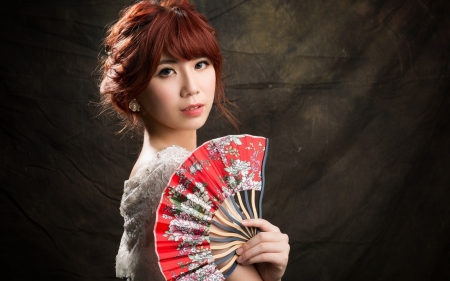 Beauty - woman, hand fan, fan, girl, red, asian, model