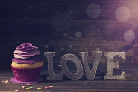 Happy Valentine's Day! - cupcake, wood, food, love, sweet, purple, valentine, dessert, card