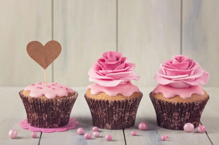 Happy Valentine's Day! - heart, wood, food, pink, sweet, white, valentine, dessert, trio, card, cupcakes