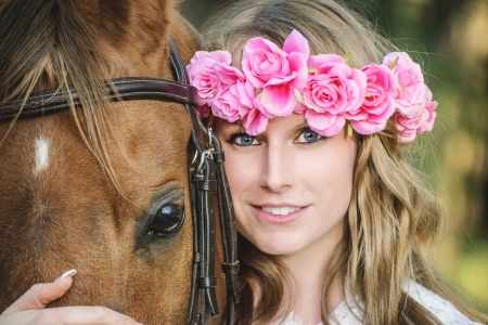 Beauty - woman, girl, wreath, rose, model, horse, pink, animal, flower, blonde