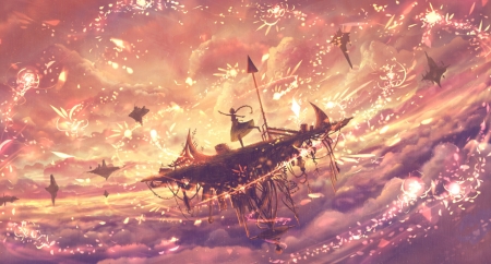 Airship - bou nin, anime, yellow, airship, girl, pink, manga, fantasy, cloud, sky