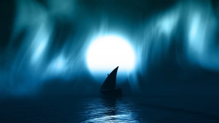 Moonlight - moon, water, summer, blue, boat, sea, silhouette, fantasy, white, luminos, luna