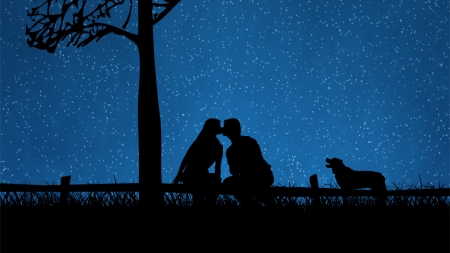 A kiss - silhouette, sky, stars, couple, night, valentine, black, fantasy, blue, luminos, dog, tree