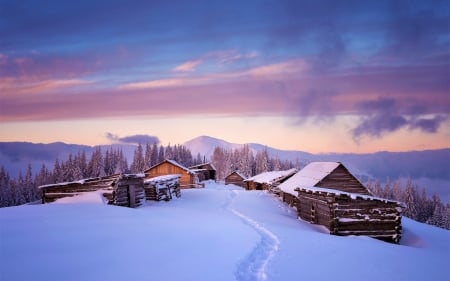 Winter in Tyrol, Austria - sky, snow, clouds, sunset, mountains, cabins