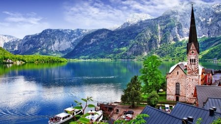 Hallstatt, Austria - clouds, boat, lake, mountains, church, sky