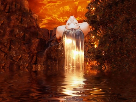 GOLDEN WATERFALL - WATERFALL, GOLD, HAIR, FEMALE, REFLECTION