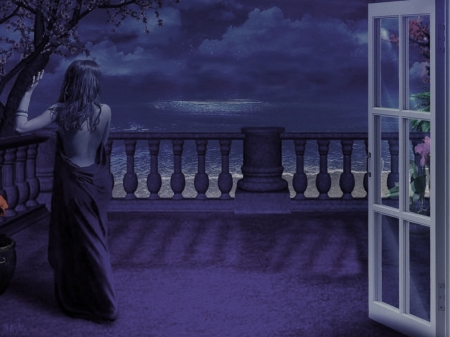 INTO THE NIGHT - stars, sky, ocean, female, night, waves, balcony, clouds, blue, dress